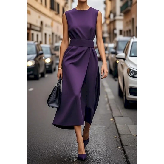 Women Fashion Casual Solid Color Round Neck Sleeveless Dress
