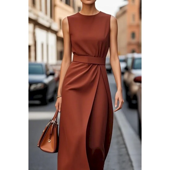 Women Fashion Casual Solid Color Round Neck Sleeveless Dress