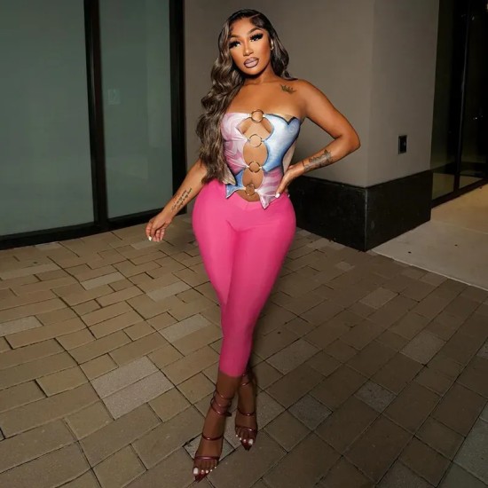 Women Fashion Sexy 3d Printed Ring Stitching Hollow-Out Tube Top Tight Pants Two-Piece Set