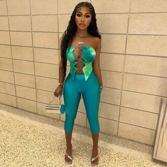 Women Fashion Sexy 3d Printed Ring Stitching Hollow-Out Tube Top Tight Pants Two-Piece Set