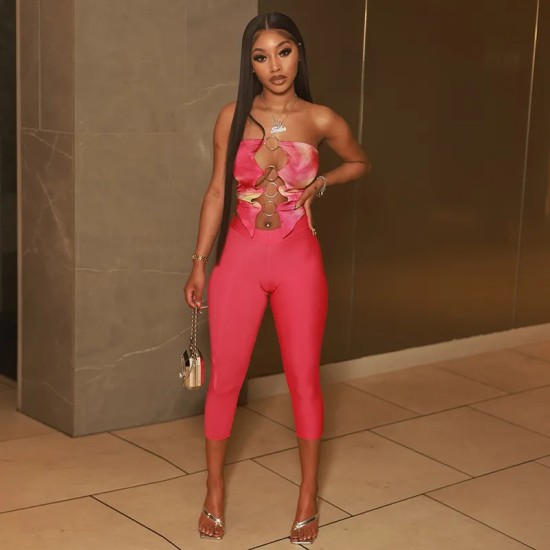 Women Fashion Sexy 3d Printed Ring Stitching Hollow-Out Tube Top Tight Pants Two-Piece Set