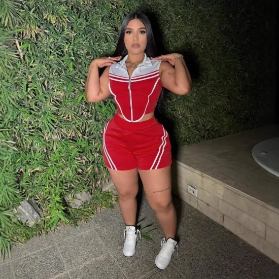 Women Casual Stripe Stitching Colored Sleeveless Stretch Slim-Fit Top Shorts Two-Piece Set
