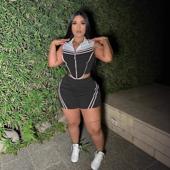 Women Casual Stripe Stitching Colored Sleeveless Stretch Slim-Fit Top Shorts Two-Piece Set