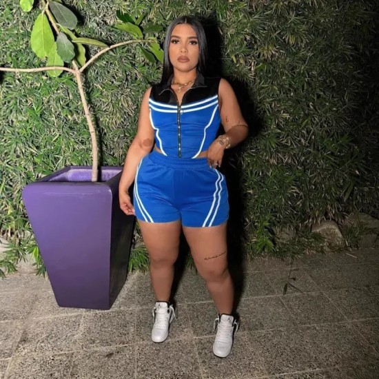 Women Casual Stripe Stitching Colored Sleeveless Stretch Slim-Fit Top Shorts Two-Piece Set