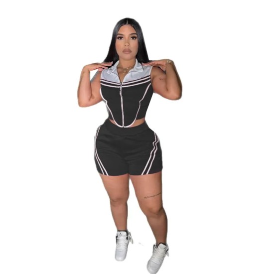 Women Casual Stripe Stitching Colored Sleeveless Stretch Slim-Fit Top Shorts Two-Piece Set