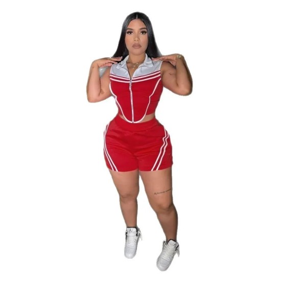 Women Casual Stripe Stitching Colored Sleeveless Stretch Slim-Fit Top Shorts Two-Piece Set