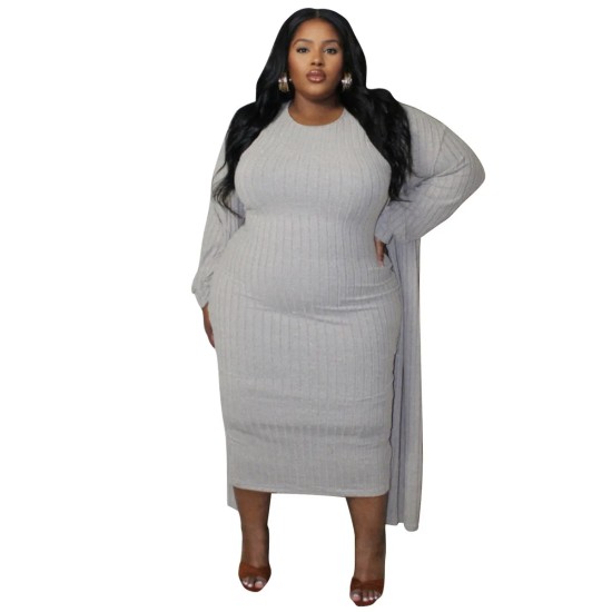 Women Fashion Plus Size Solid Color Sleeveless Tight Dress Long-Sleeve Coat Two-Piece Set