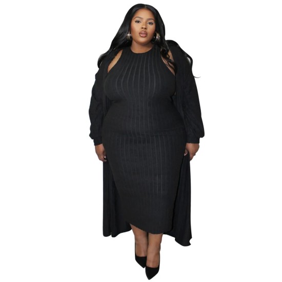 Women Fashion Plus Size Solid Color Sleeveless Tight Dress Long-Sleeve Coat Two-Piece Set