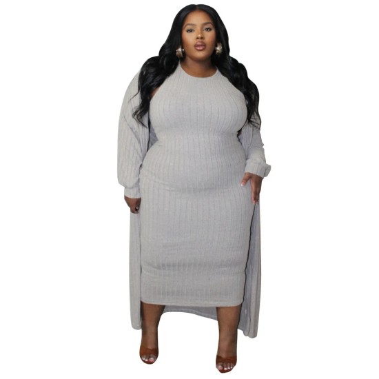 Women Fashion Plus Size Solid Color Sleeveless Tight Dress Long-Sleeve Coat Two-Piece Set