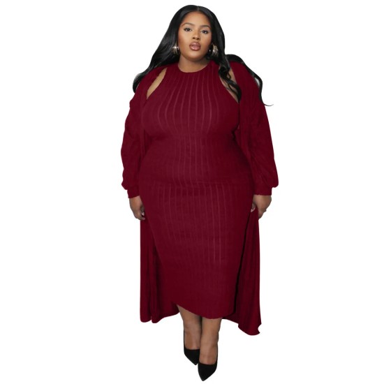 Women Fashion Plus Size Solid Color Sleeveless Tight Dress Long-Sleeve Coat Two-Piece Set