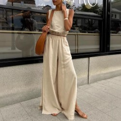 Women Casual Solid Color Cotton Linen Sleeveless Top And Side Slit Pants Two-Piece Set