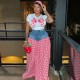 Women Fashion Sweet Pink Bow T-Shirt Patchwork Plaid Denim Pants Set