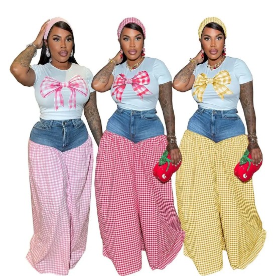 Women Fashion Sweet Pink Bow T-Shirt Patchwork Plaid Denim Pants Set