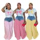 Women Fashion Sweet Pink Bow T-Shirt Patchwork Plaid Denim Pants Set