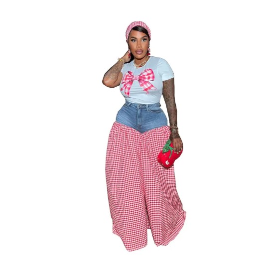 Women Fashion Sweet Pink Bow T-Shirt Patchwork Plaid Denim Pants Set
