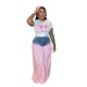 Women Fashion Sweet Pink Bow T-Shirt Patchwork Plaid Denim Pants Set