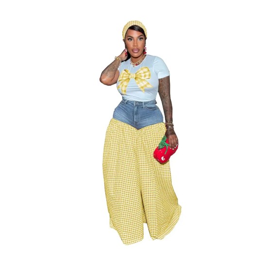 Women Fashion Sweet Pink Bow T-Shirt Patchwork Plaid Denim Pants Set