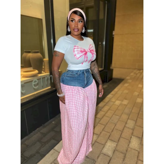 Women Fashion Sweet Pink Bow T-Shirt Patchwork Plaid Denim Pants Set