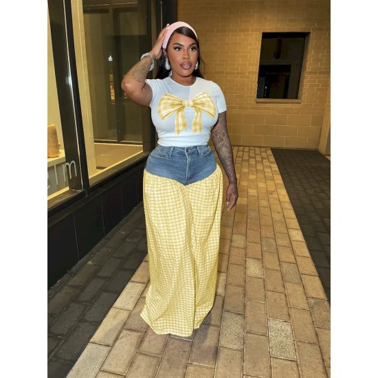 Women Fashion Sweet Pink Bow T-Shirt Patchwork Plaid Denim Pants Set