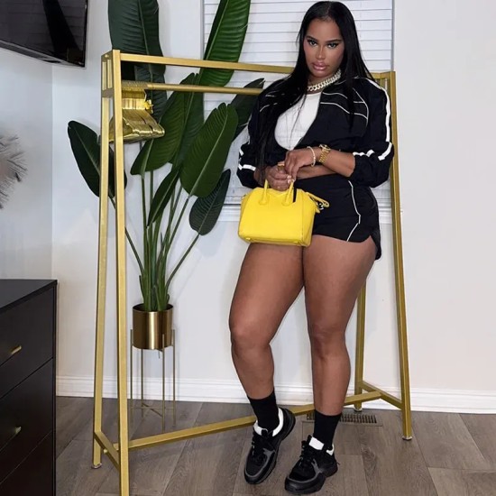 Women Fashion Casual Lapel Long Sleeve Crop Top Drawstring Shorts Two-Piece Set