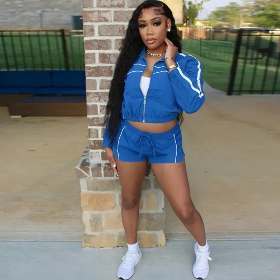 Women Fashion Casual Lapel Long Sleeve Crop Top Drawstring Shorts Two-Piece Set