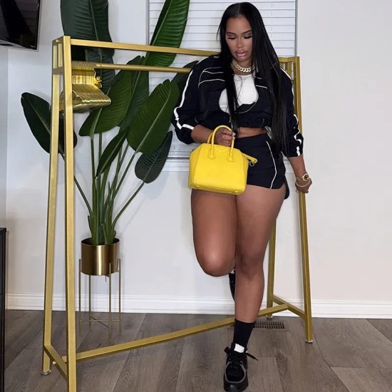 Women Fashion Casual Lapel Long Sleeve Crop Top Drawstring Shorts Two-Piece Set