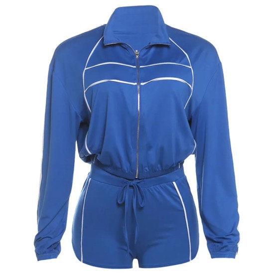 Women Fashion Casual Lapel Long Sleeve Crop Top Drawstring Shorts Two-Piece Set