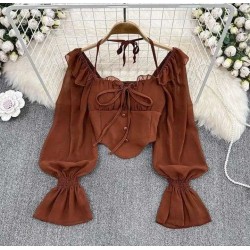 Women Fashion Sexy Solid Color Irregular Off-Shoulder Long-Sleeve Slim-Fit Blouse