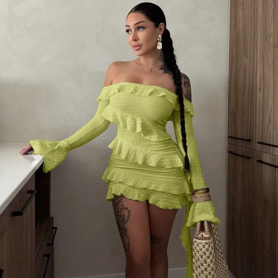 Women Solid Color Fashion Off-Shoulder Ruffled Flare Sleeve Ribbon Dress