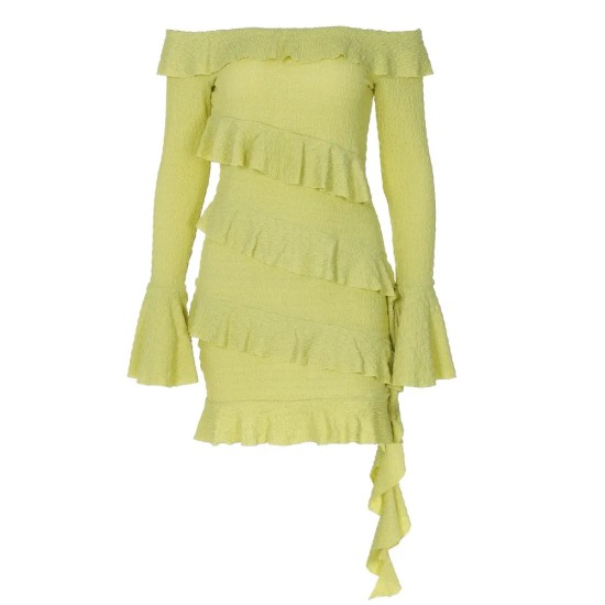 Women Solid Color Fashion Off-Shoulder Ruffled Flare Sleeve Ribbon Dress