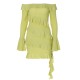 Women Solid Color Fashion Off-Shoulder Ruffled Flare Sleeve Ribbon Dress