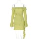 Women Solid Color Fashion Off-Shoulder Ruffled Flare Sleeve Ribbon Dress