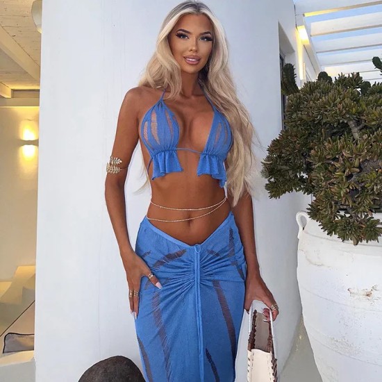 Women Fashion Sexy Solid Color Hollow-Out Lace-Up Halter-Neck Crop Top Drawstring Skirts Two-Piece Set