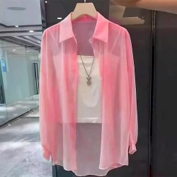 Women Fashion Casual Solid Color Lapel Long-Sleeve Thin Breathable Blouse