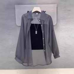 Women Fashion Casual Solid Color Lapel Long-Sleeve Thin Breathable Blouse