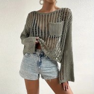 Women Summer Vacation Pocket Design Unique Cool Hollow Blouse Knitted Pullover Top Coverup
