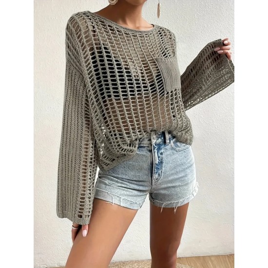 Women Summer Vacation Pocket Design Unique Cool Hollow Blouse Knitted Pullover Top Coverup