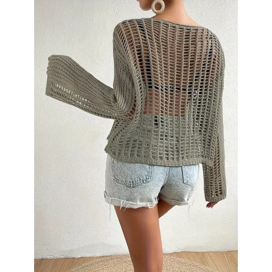 Women Summer Vacation Pocket Design Unique Cool Hollow Blouse Knitted Pullover Top Coverup