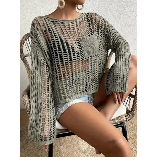 Women Summer Vacation Pocket Design Unique Cool Hollow Blouse Knitted Pullover Top Coverup