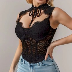 Women Fashion Sexy Solid Color Lace Stitching Sleeveless Tank Top