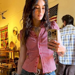 Women Fashion Plaid Laple Bubble Sleeve Single Breasted Slim Fit Blouse