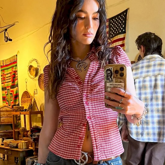 Women Fashion Plaid Laple Bubble Sleeve Single Breasted Slim Fit Blouse