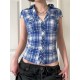 Women Fashion Plaid Laple Bubble Sleeve Single Breasted Slim Fit Blouse