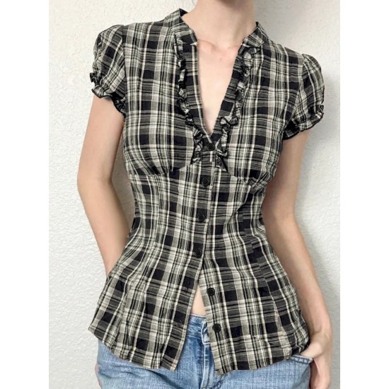 Women Fashion Plaid Laple Bubble Sleeve Single Breasted Slim Fit Blouse