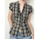 Women Fashion Plaid Laple Bubble Sleeve Single Breasted Slim Fit Blouse
