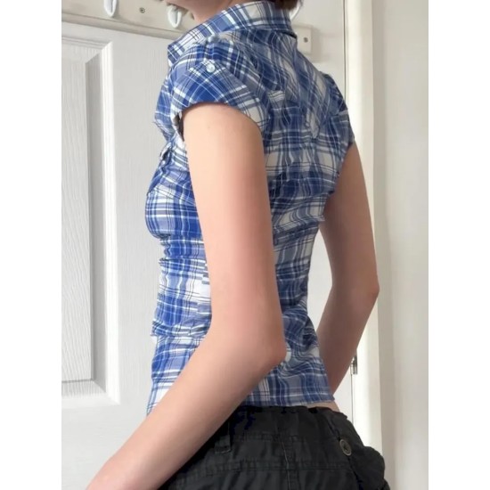 Women Fashion Plaid Laple Bubble Sleeve Single Breasted Slim Fit Blouse