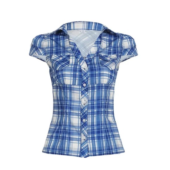 Women Fashion Plaid Laple Bubble Sleeve Single Breasted Slim Fit Blouse