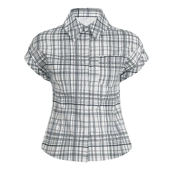 Women Fashion Plaid Laple Bubble Sleeve Single Breasted Slim Fit Blouse