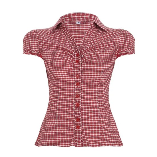 Women Fashion Plaid Laple Bubble Sleeve Single Breasted Slim Fit Blouse