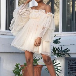 Women Fashion Elegant Solid Color Ruffled Off Shoulder Long-Sleeve Dress